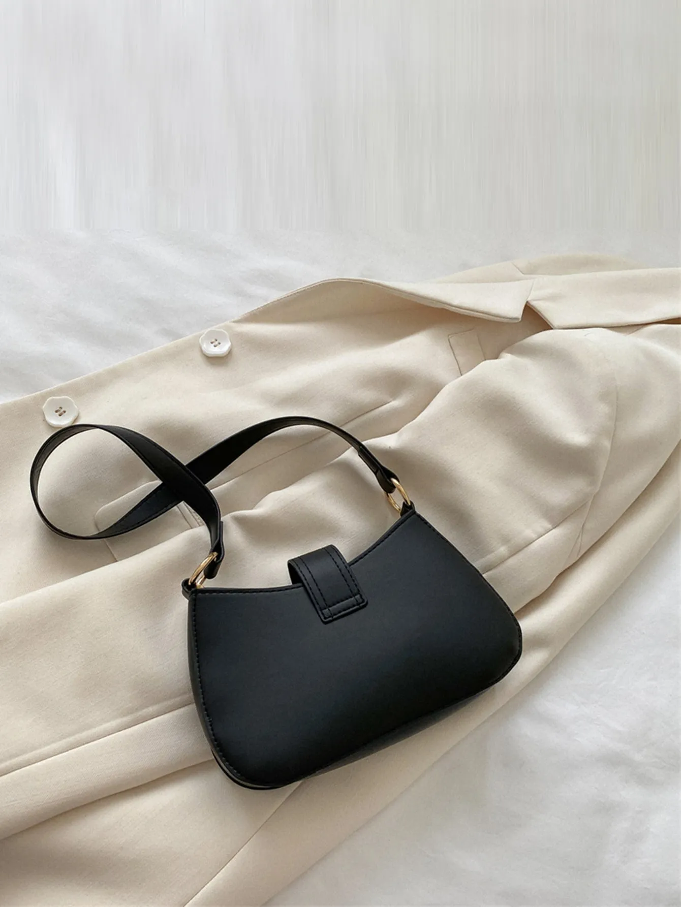 Crocodile Embossed Push Lock Baguette Bag - Black