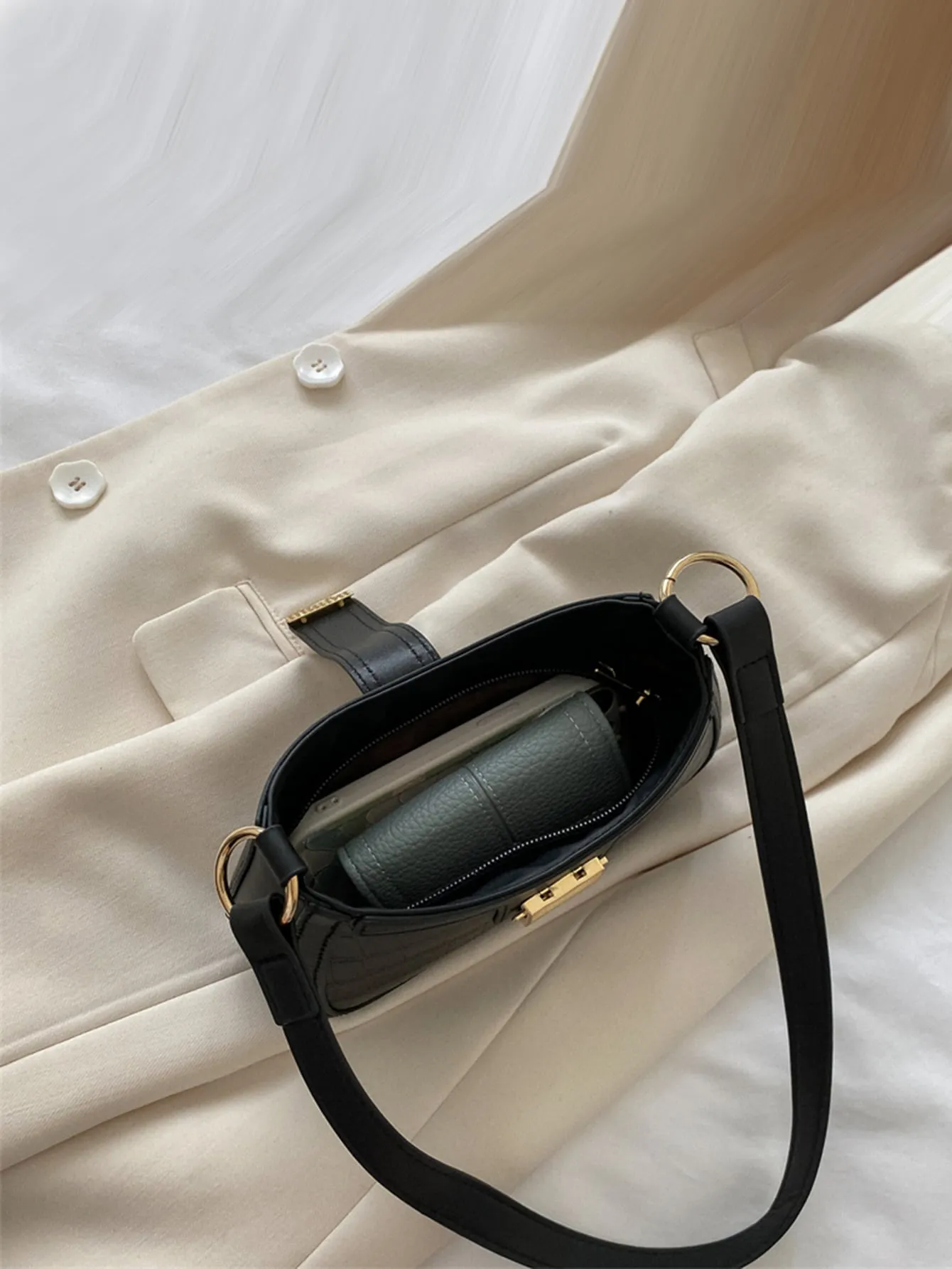 Crocodile Embossed Push Lock Baguette Bag - Black