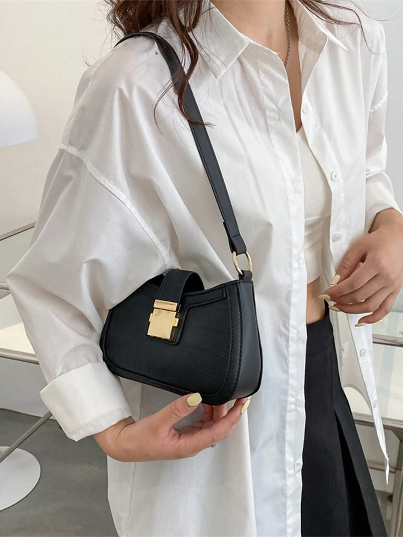 Crocodile Embossed Push Lock Baguette Bag - Black