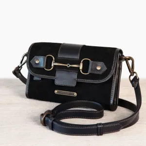 Dalton -  Horse Bit Crossbody Bag in Two Tone Italian Leather and Suede Black on Black with Brass Hardware