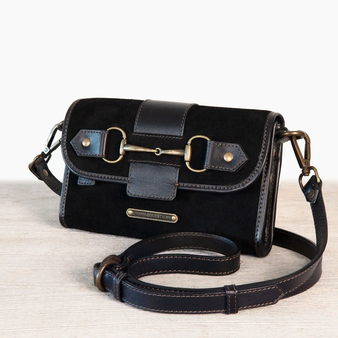 Dalton -  Horse Bit Crossbody Bag in Two Tone Italian Leather and Suede Black on Black with Brass Hardware