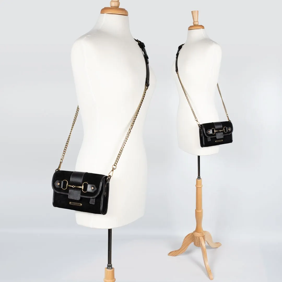 Dalton -  Horse Bit Crossbody Bag in Two Tone Italian Leather and Suede Black on Black with Brass Hardware