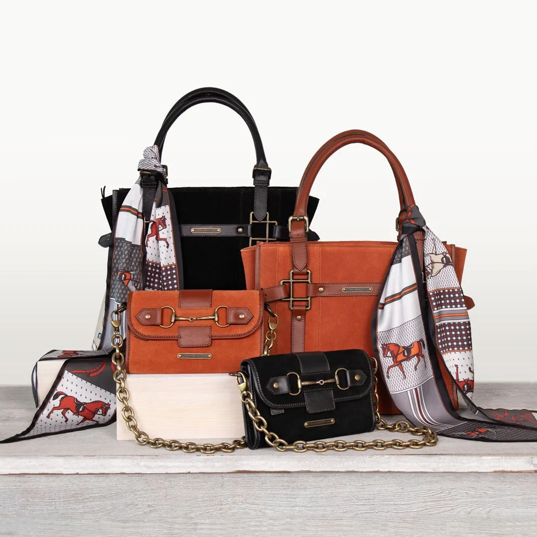 Dalton -  Horse Bit Crossbody Bag in Two Tone Italian Leather and Suede Black on Black with Brass Hardware