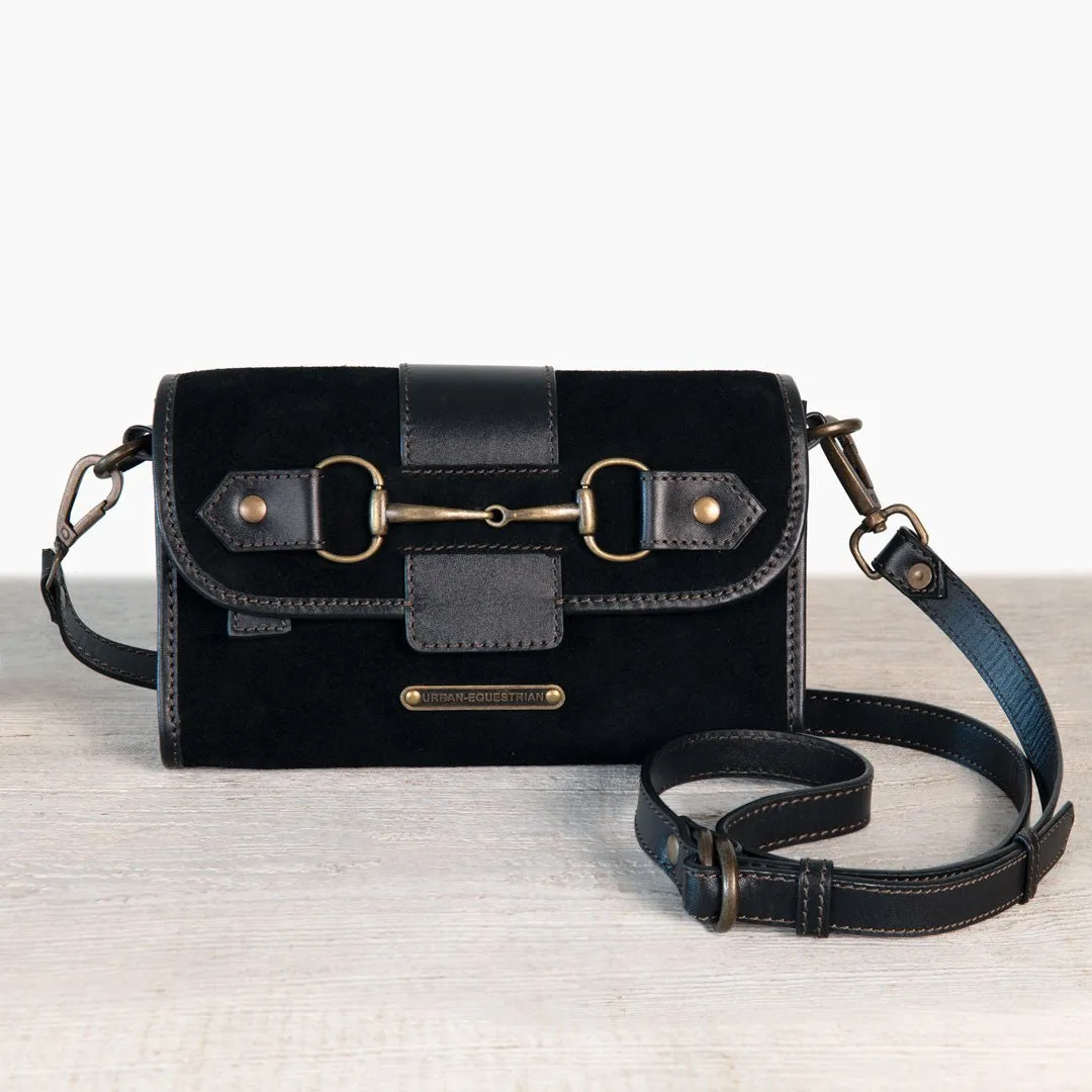 Dalton -  Horse Bit Crossbody Bag in Two Tone Italian Leather and Suede Black on Black with Brass Hardware