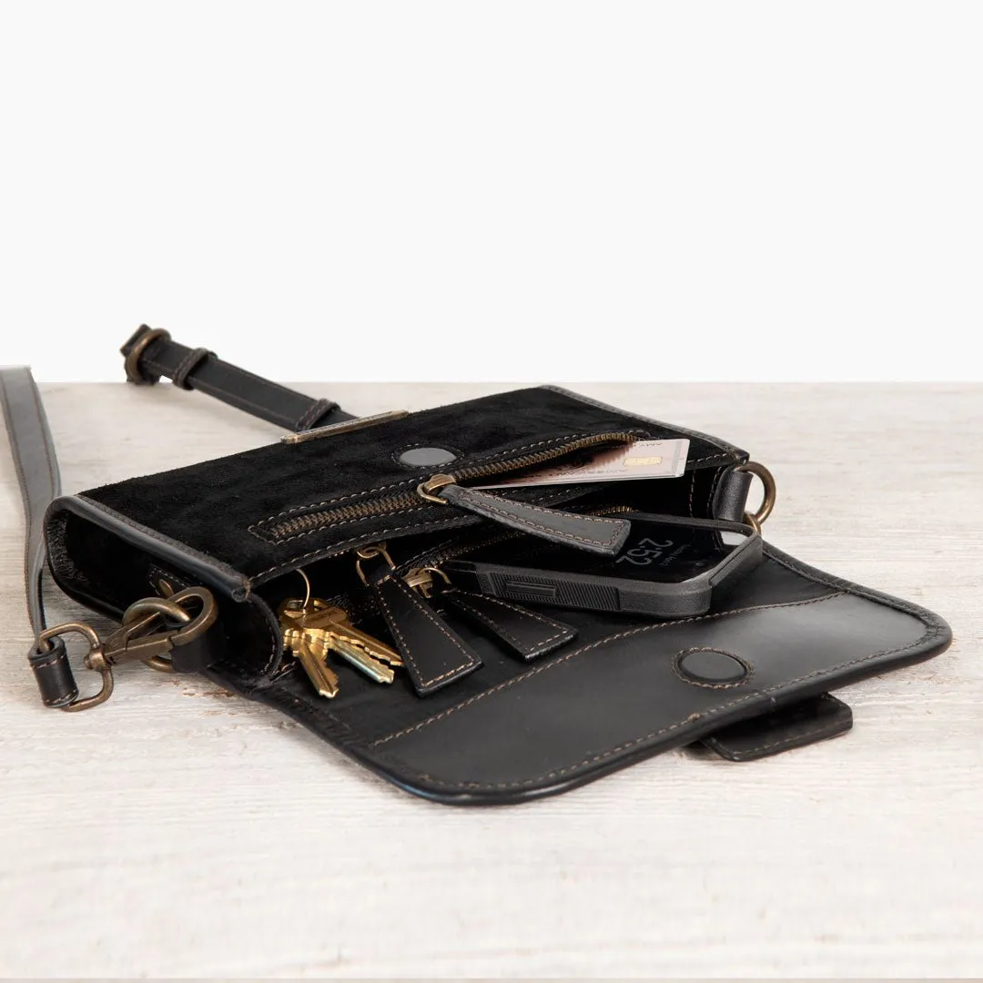 Dalton -  Horse Bit Crossbody Bag in Two Tone Italian Leather and Suede Black on Black with Brass Hardware