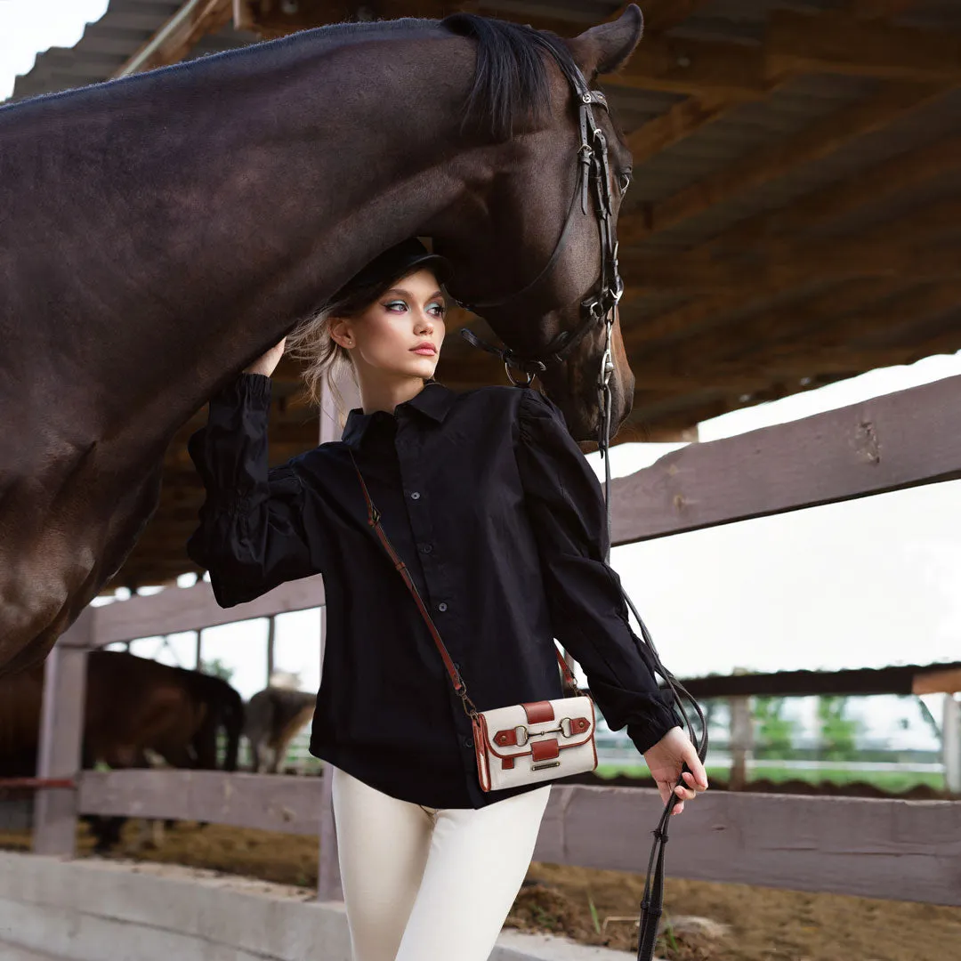 Dalton -  Horse Bit Crossbody Bag in Two Tone Italian Leather and Suede Black on Black with Brass Hardware