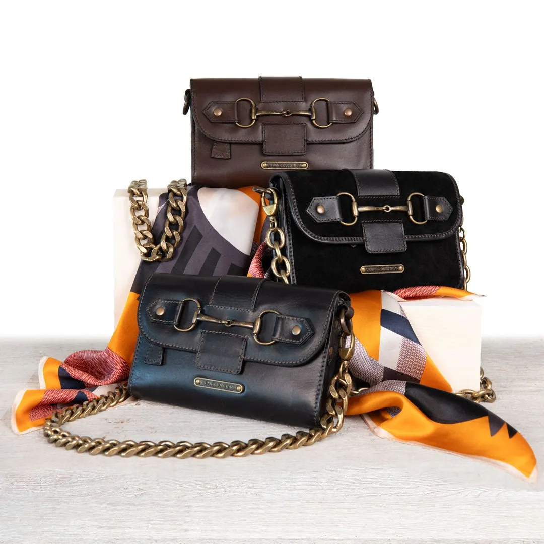 Dalton -  Horse Bit Crossbody Bag in Two Tone Italian Leather and Suede Black on Black with Brass Hardware