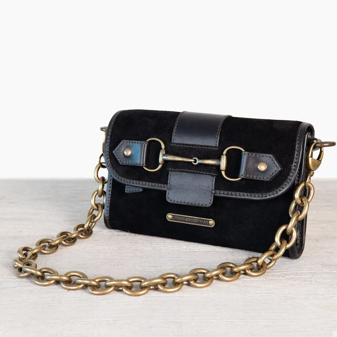 Dalton -  Horse Bit Crossbody Bag in Two Tone Italian Leather and Suede Black on Black with Brass Hardware