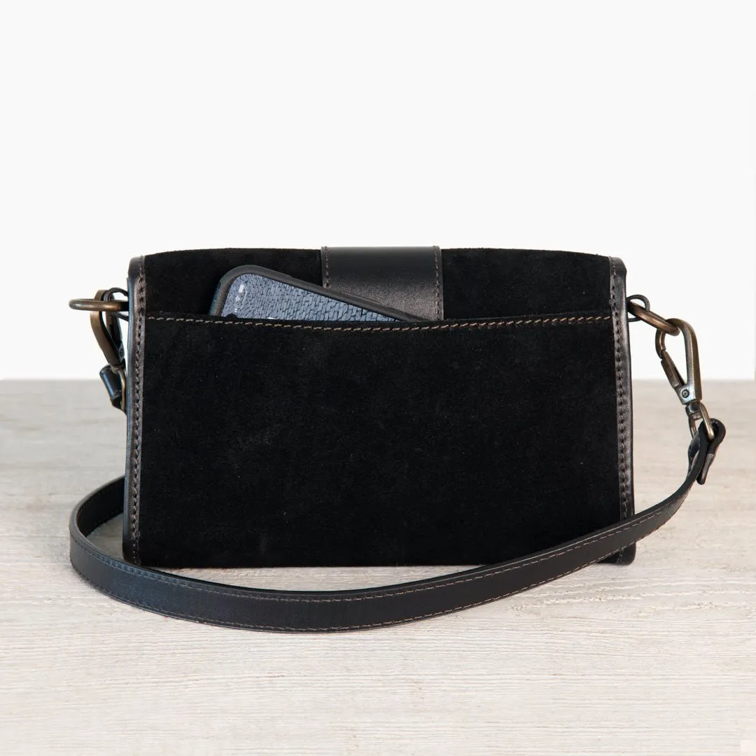 Dalton -  Horse Bit Crossbody Bag in Two Tone Italian Leather and Suede Black on Black with Brass Hardware