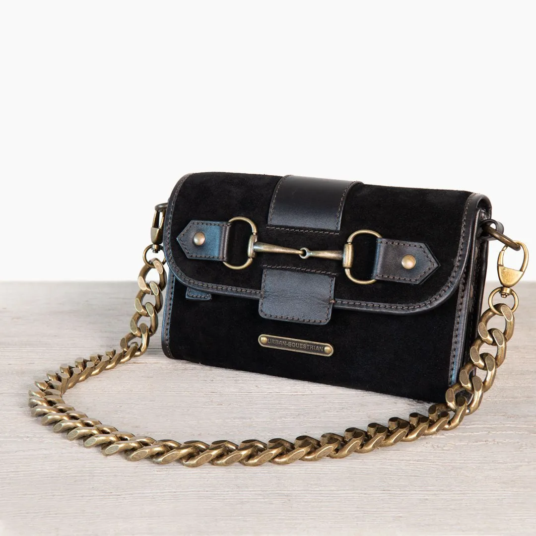 Dalton -  Horse Bit Crossbody Bag in Two Tone Italian Leather and Suede Black on Black with Brass Hardware
