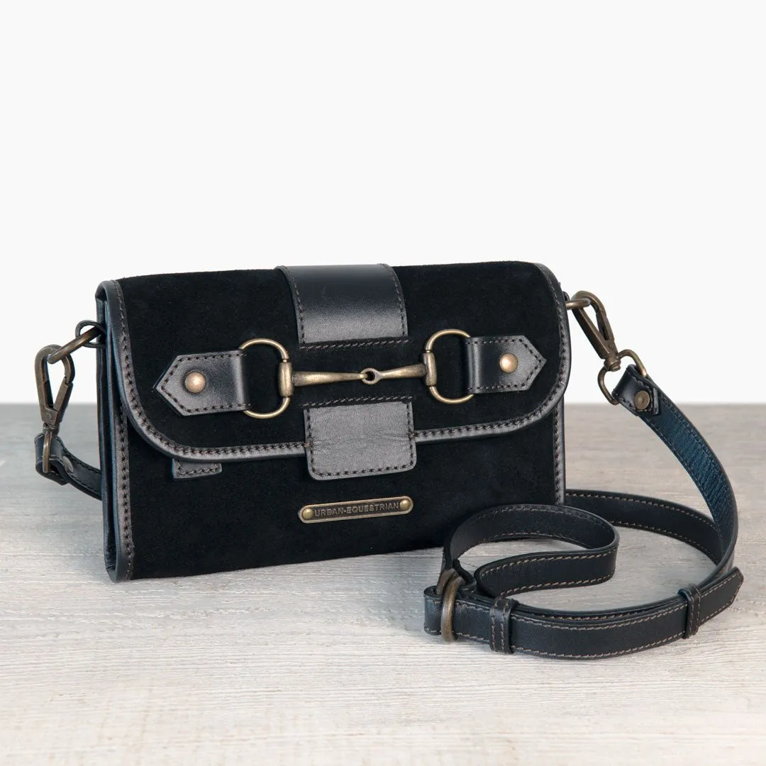 Dalton -  Horse Bit Crossbody Bag in Two Tone Italian Leather and Suede Black on Black with Brass Hardware