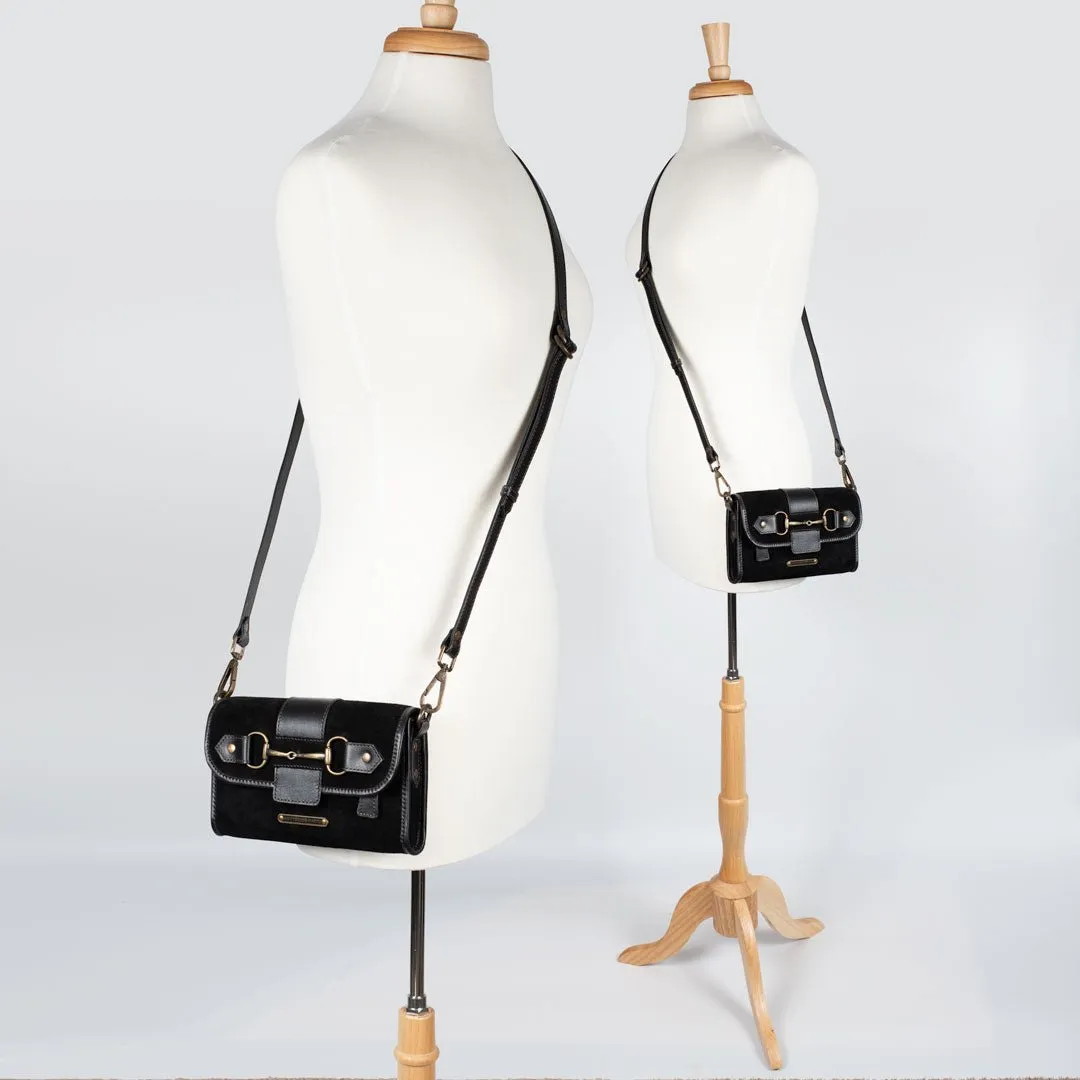 Dalton -  Horse Bit Crossbody Bag in Two Tone Italian Leather and Suede Black on Black with Brass Hardware
