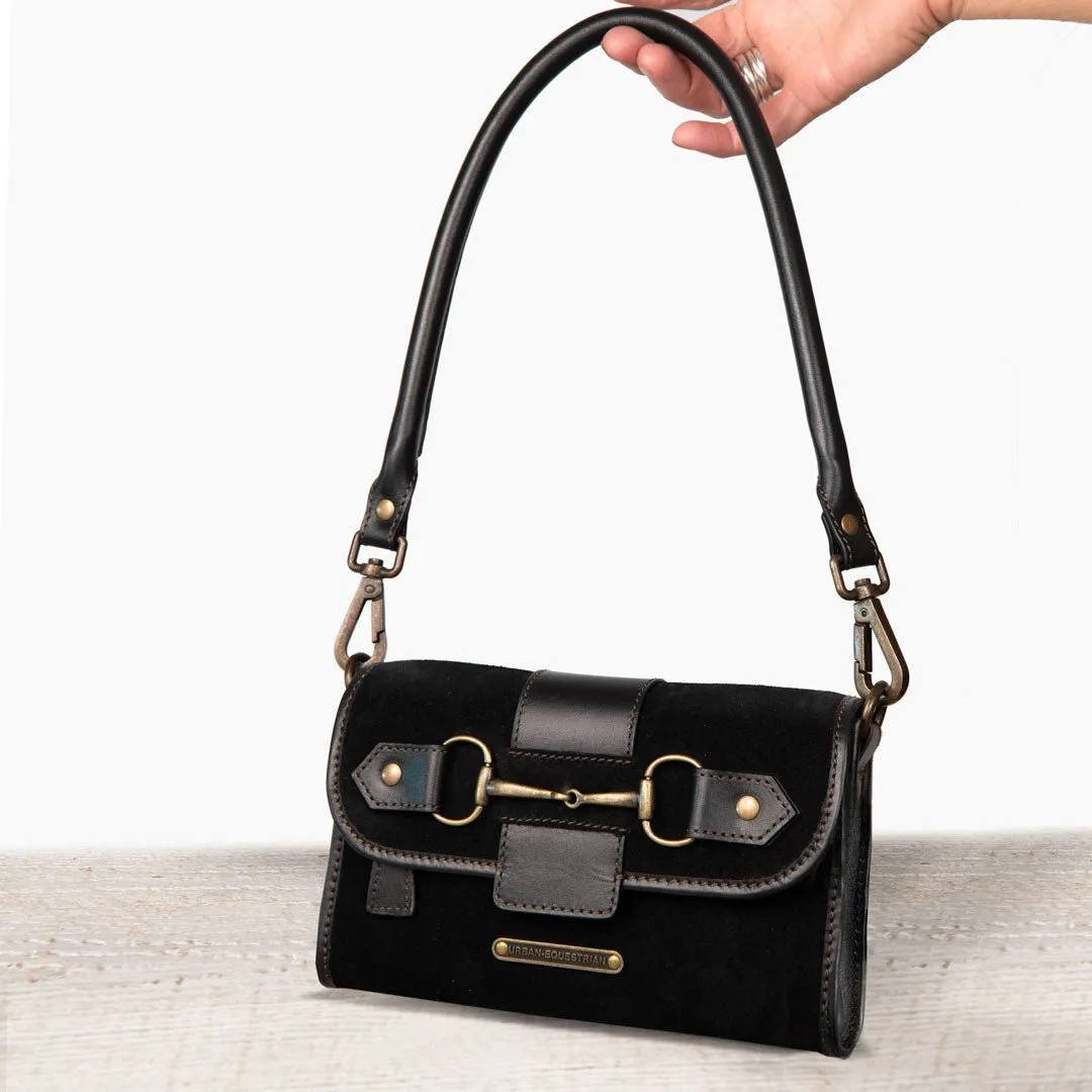 Dalton -  Horse Bit Crossbody Bag in Two Tone Italian Leather and Suede Black on Black with Brass Hardware
