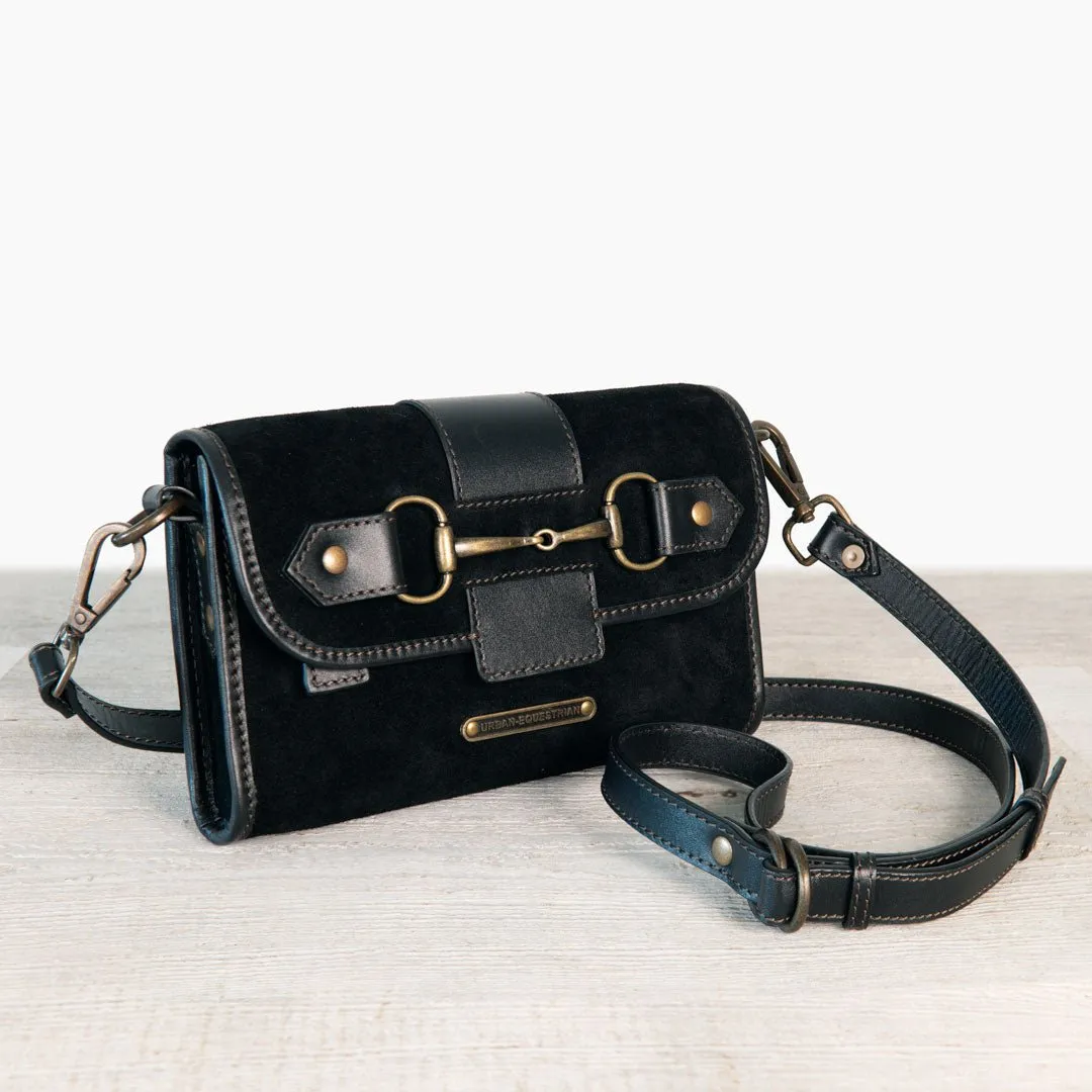 Dalton -  Horse Bit Crossbody Bag in Two Tone Italian Leather and Suede Black on Black with Brass Hardware