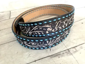 Dark Leather Teal Buckstitch Tooled Handbag Strap