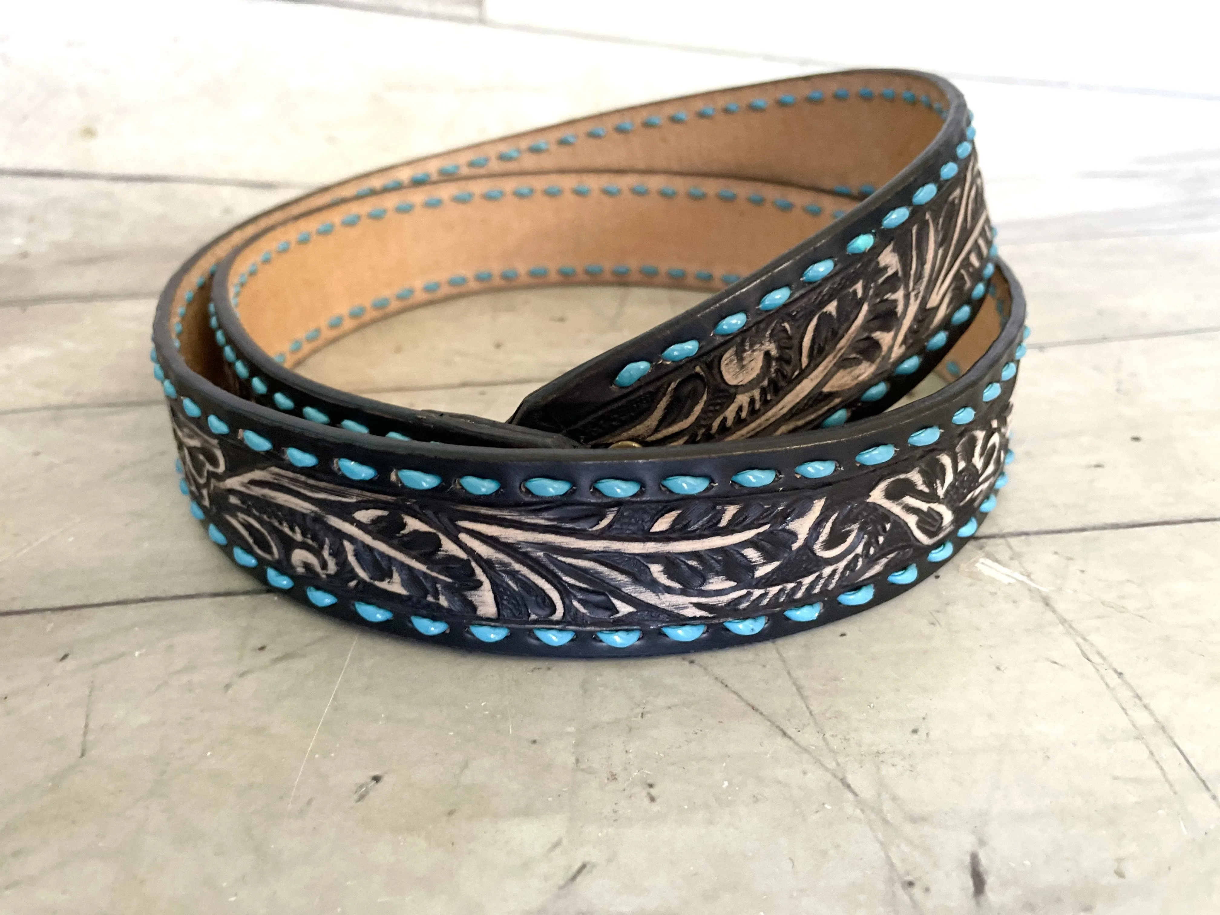 Dark Leather Teal Buckstitch Tooled Handbag Strap