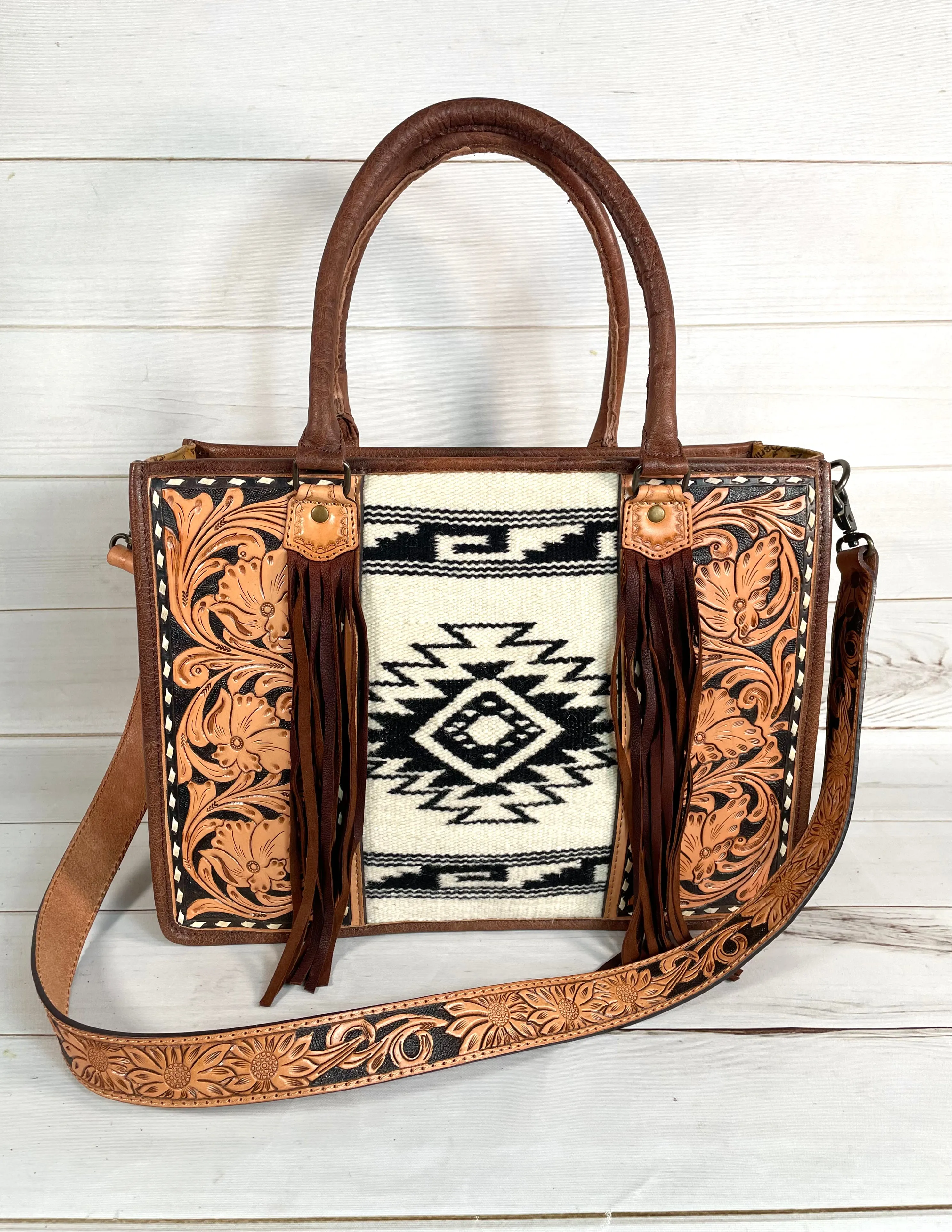 Diamond Aztec Black and Cream Pattern Wool Large Tote with Dark Leather Floral Tooling