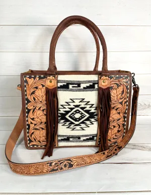 Diamond Aztec Black and Cream Pattern Wool Large Tote with Dark Leather Floral Tooling