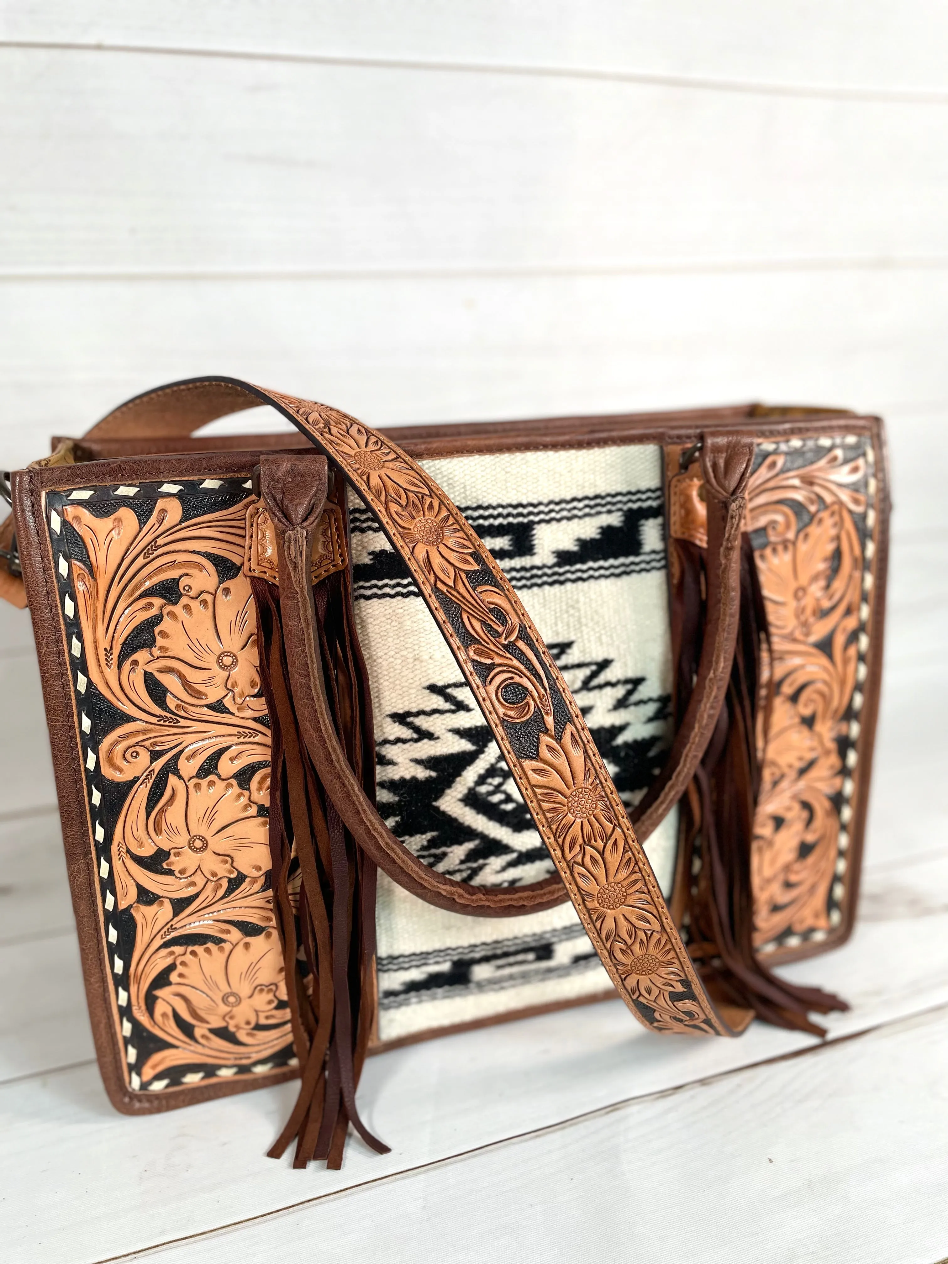 Diamond Aztec Black and Cream Pattern Wool Large Tote with Dark Leather Floral Tooling