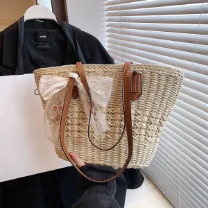 Embroidered Bow Straw Tote Bag