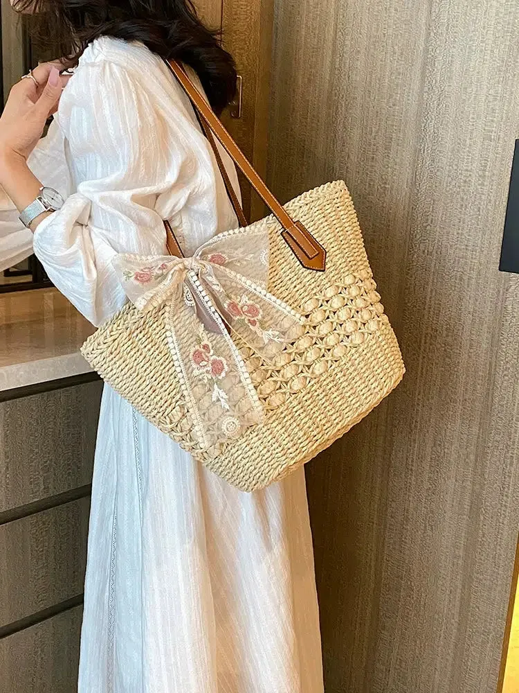 Embroidered Bow Straw Tote Bag