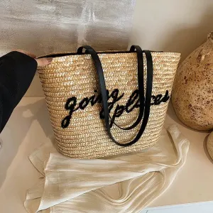 Embroidered Text Woven Tote Bag
