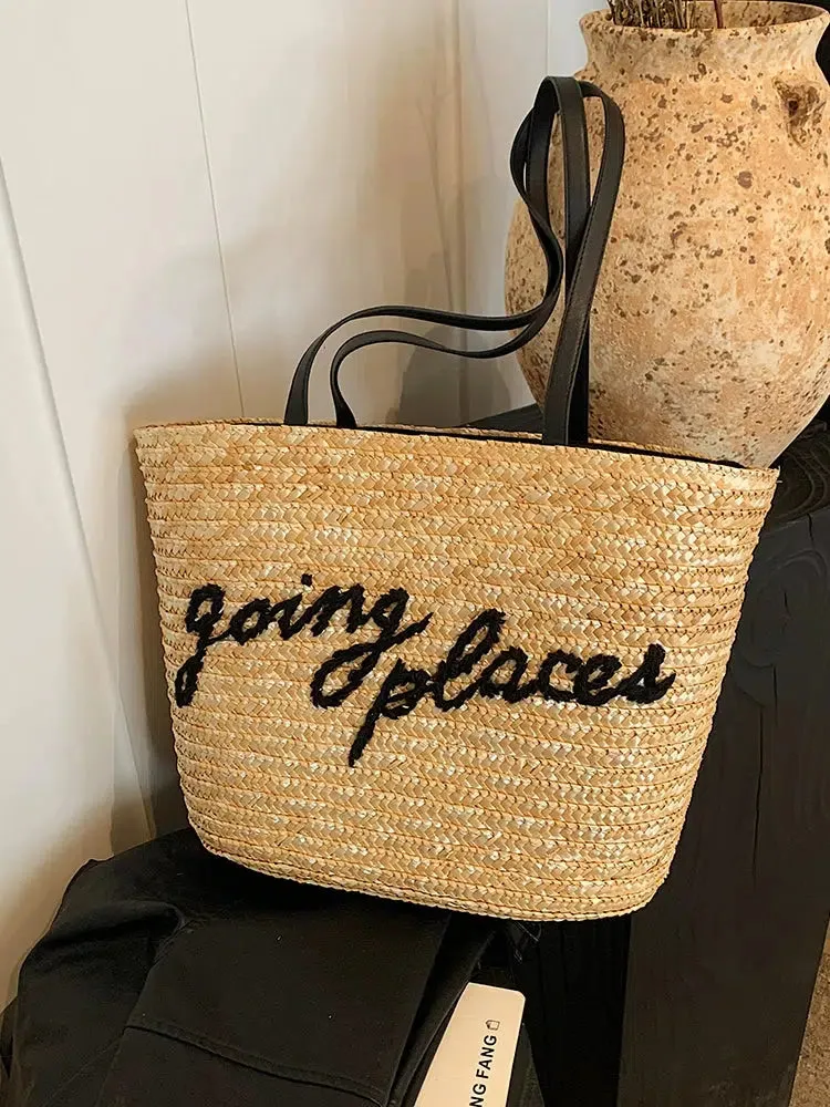 Embroidered Text Woven Tote Bag