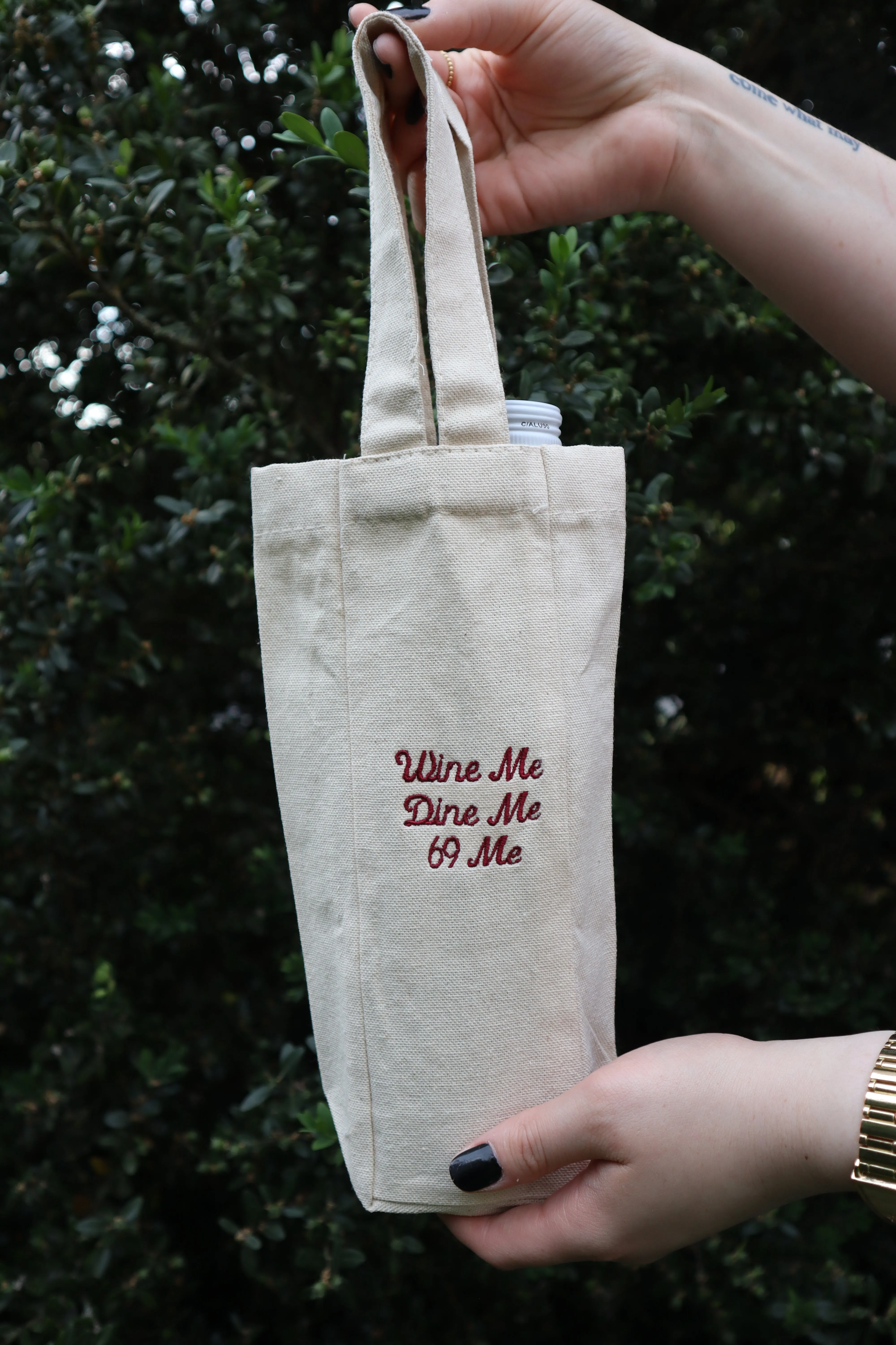 Embroidered Wine Me Dine Me Sixty Nine Me Natural Canvas One or Two Bottle Wine Holder Tote Bag