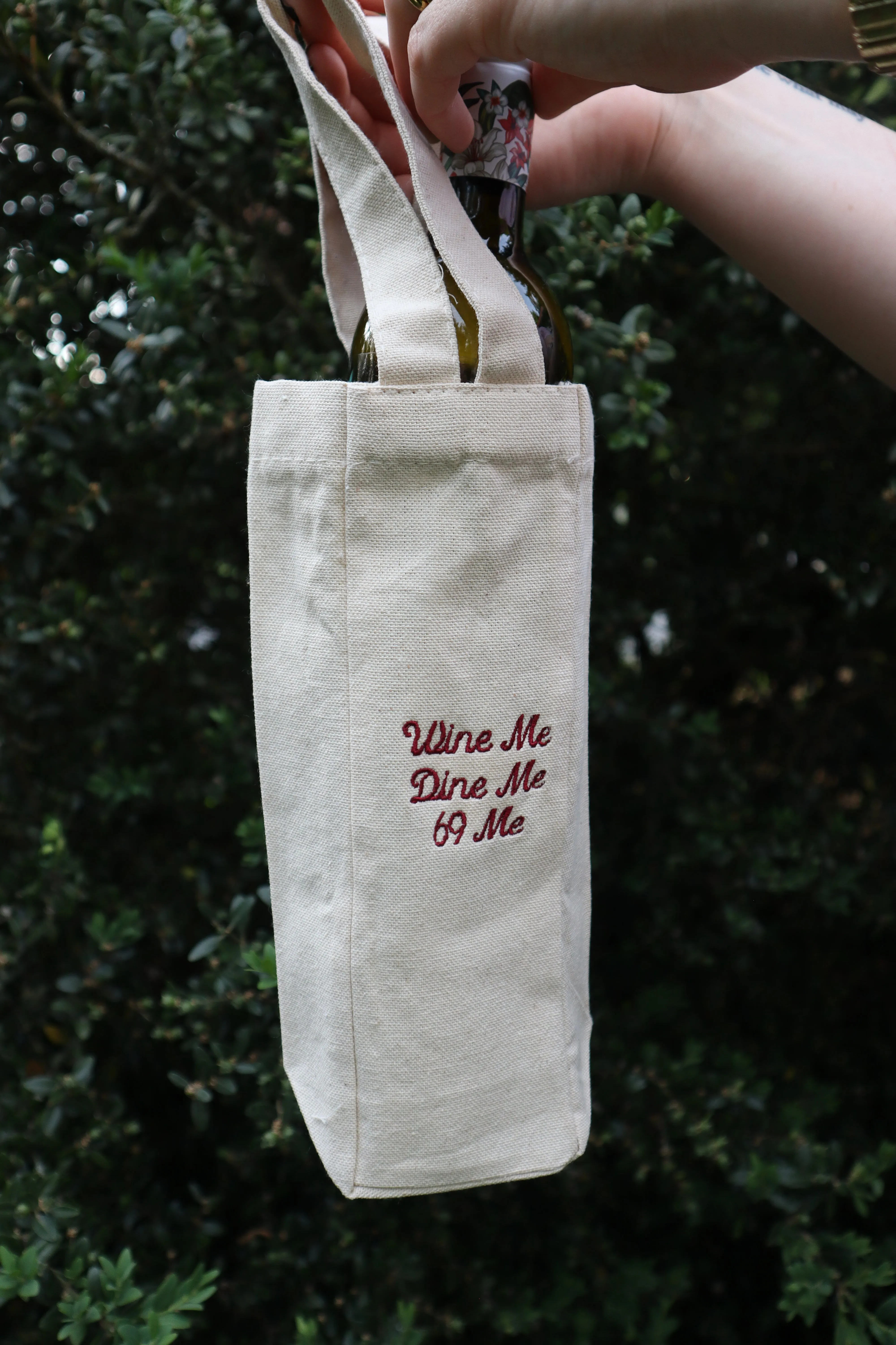Embroidered Wine Me Dine Me Sixty Nine Me Natural Canvas One or Two Bottle Wine Holder Tote Bag