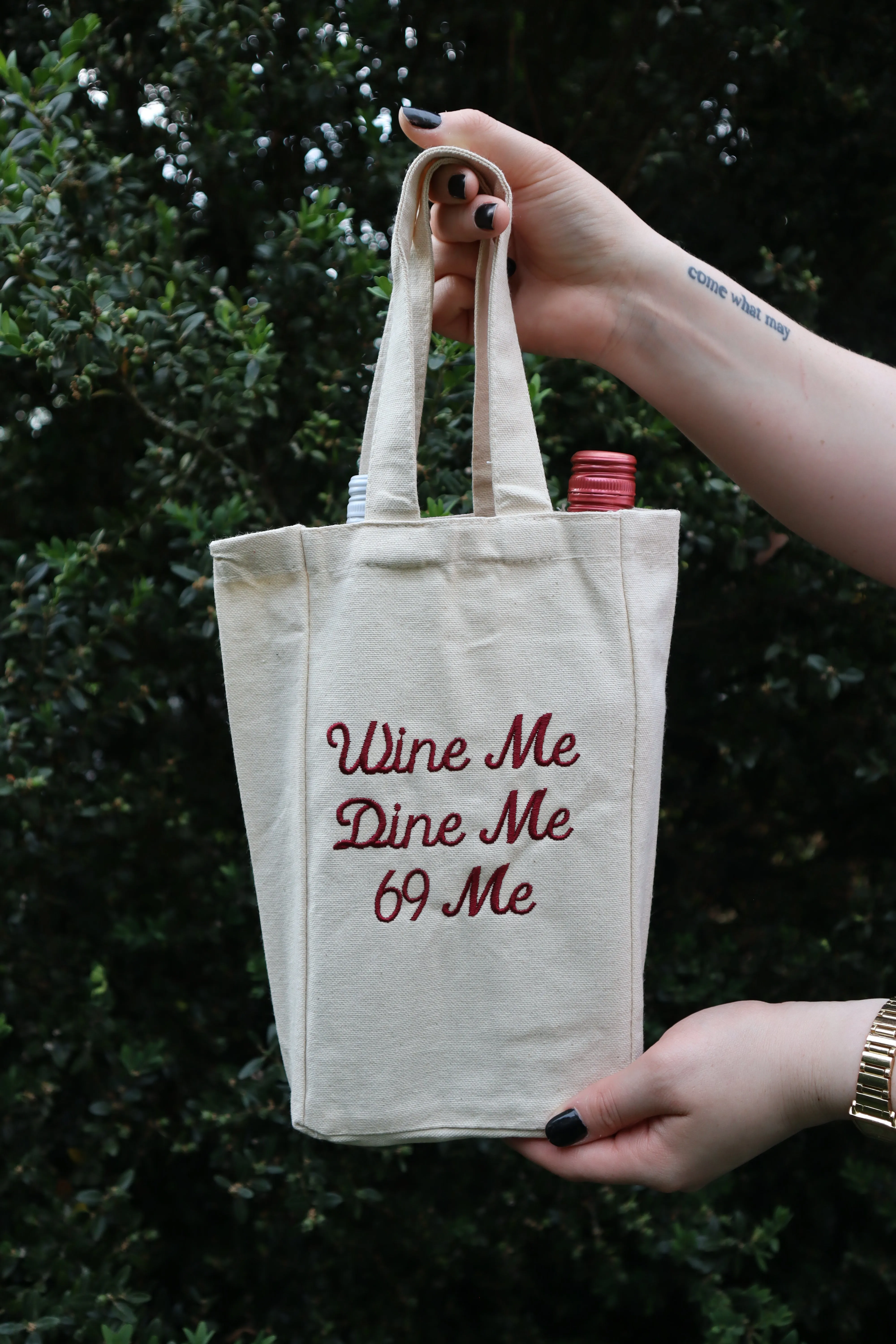 Embroidered Wine Me Dine Me Sixty Nine Me Natural Canvas One or Two Bottle Wine Holder Tote Bag
