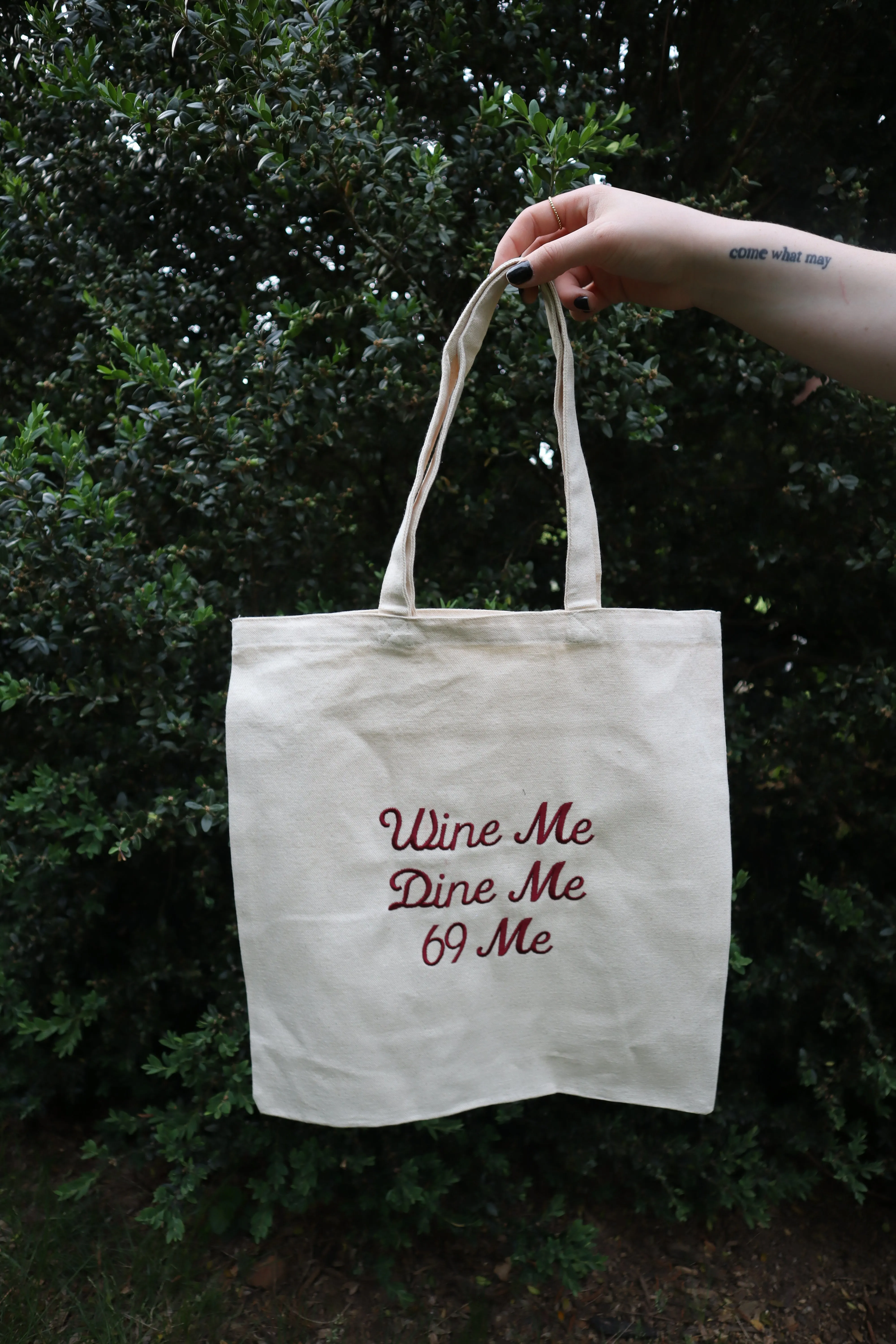 Embroidered Wine Me, Dine Me, Sixty Nine Me Natural Canvas Tote Bag