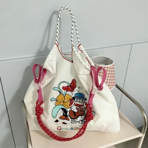 Embroidery Tote Bags Shopping Bag Cute Large Capacity, Literary Rabbit