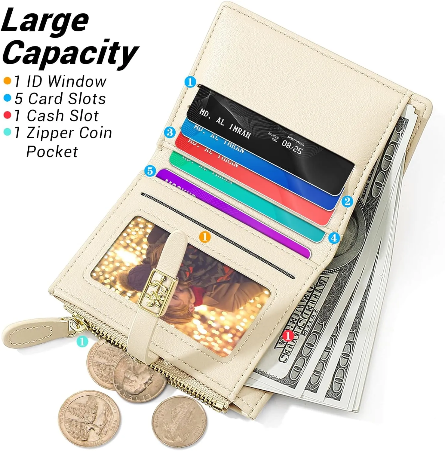 Faux Leather Women's Off White Wallet With 1 Zipper Coin Pocket