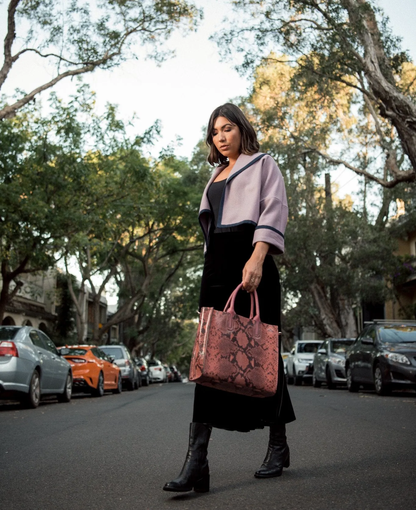 Florence Tote leather bag snake effect pink