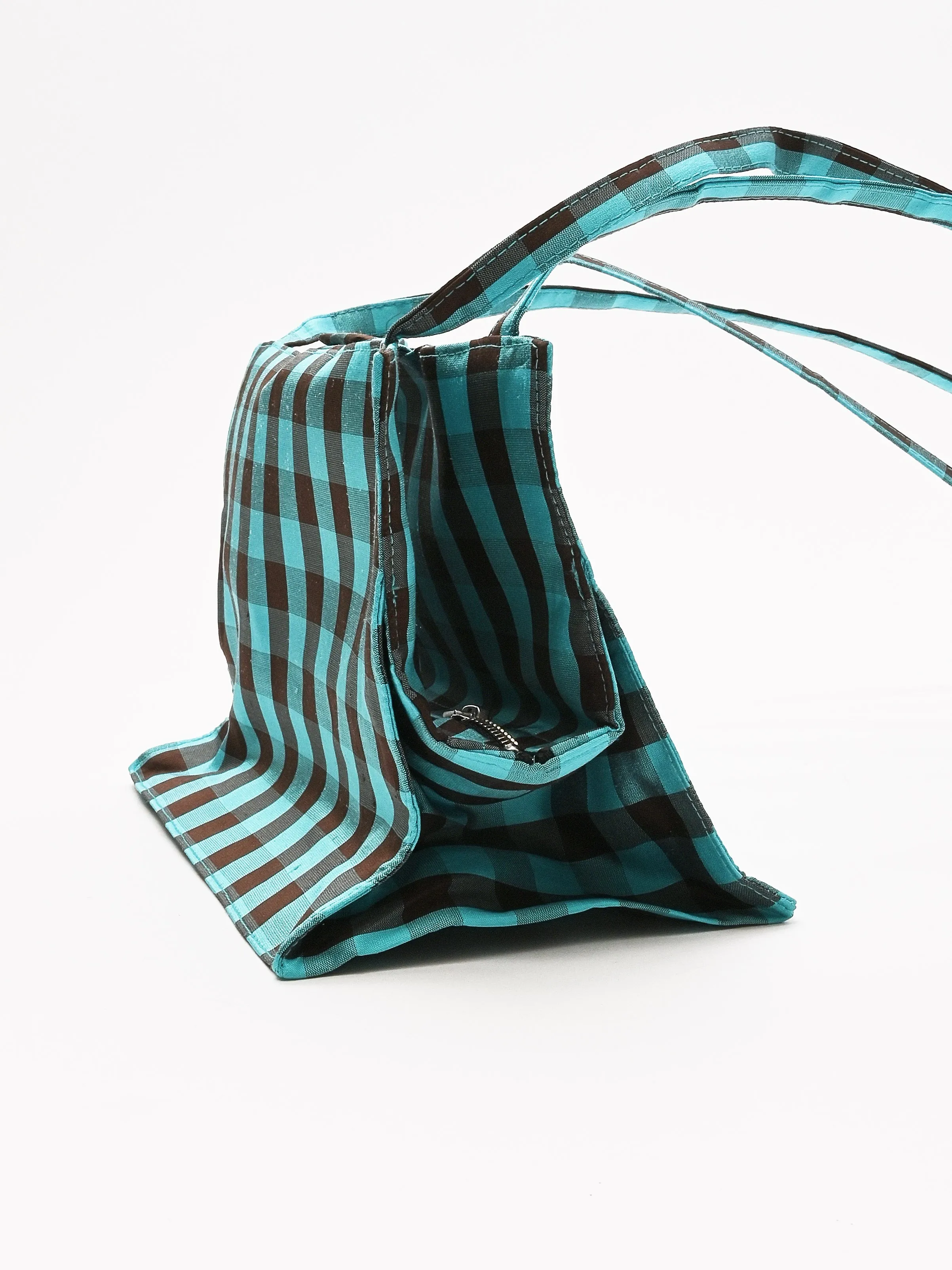Gingham Turquoise/Brown Lady Strap Bag
