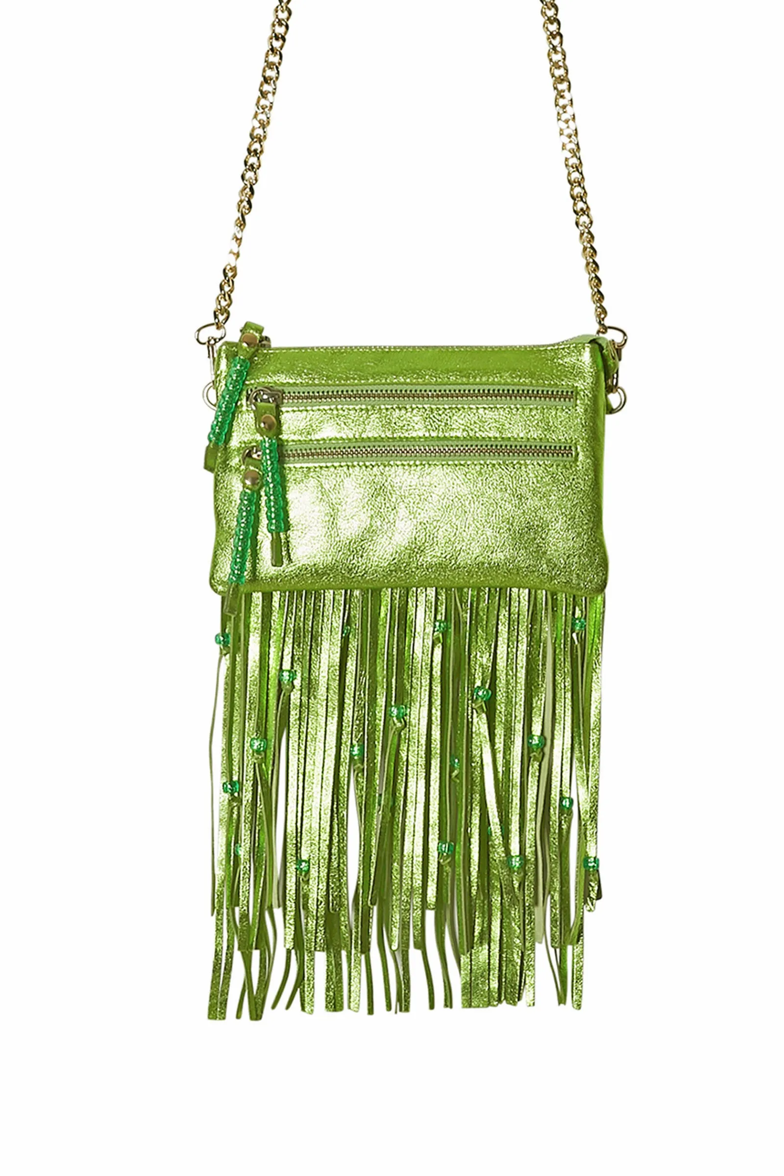 Green Metallic Leather Bag with Detachable Tassels