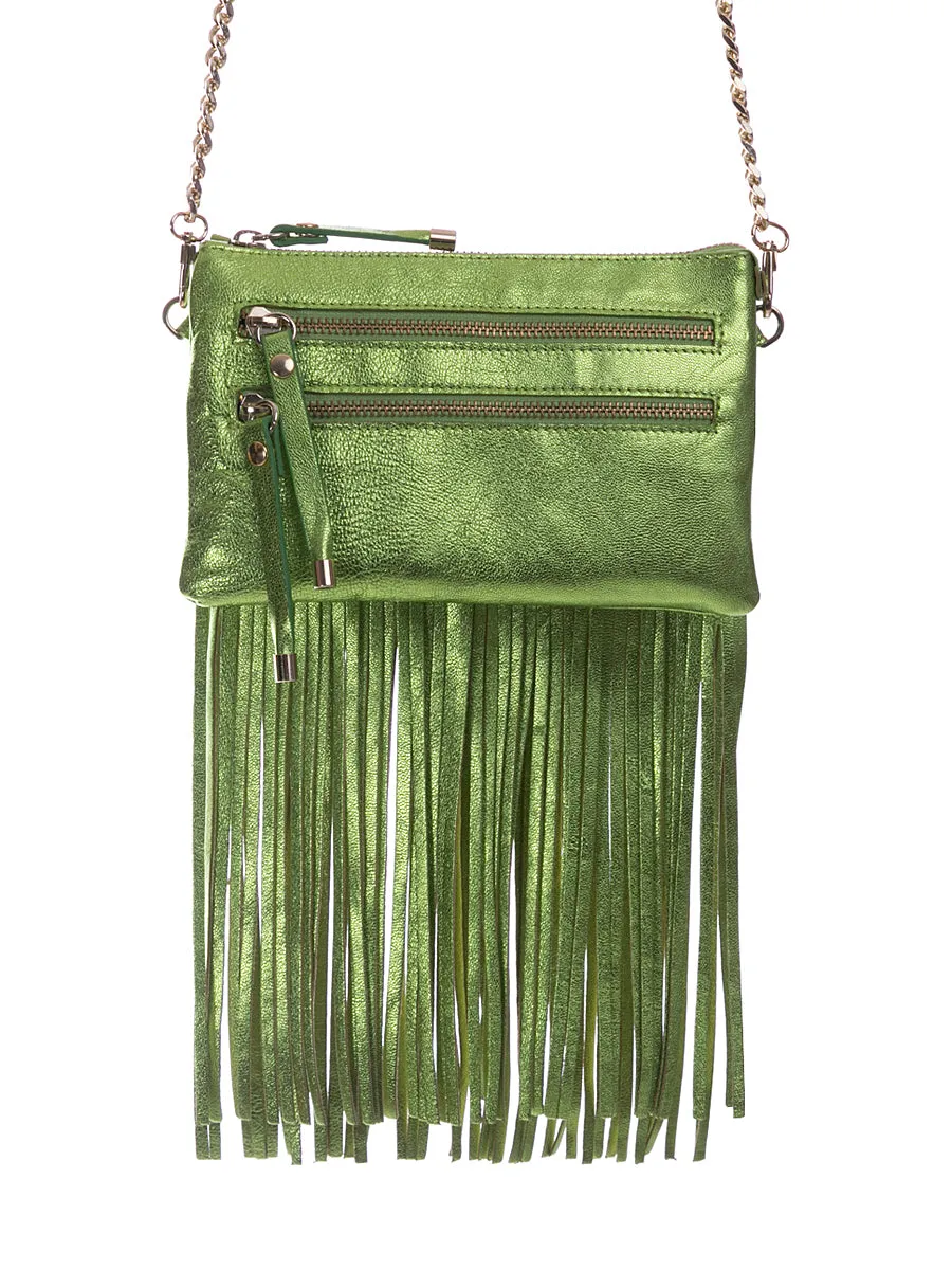 Green Metallic Leather Bag with Detachable Tassels