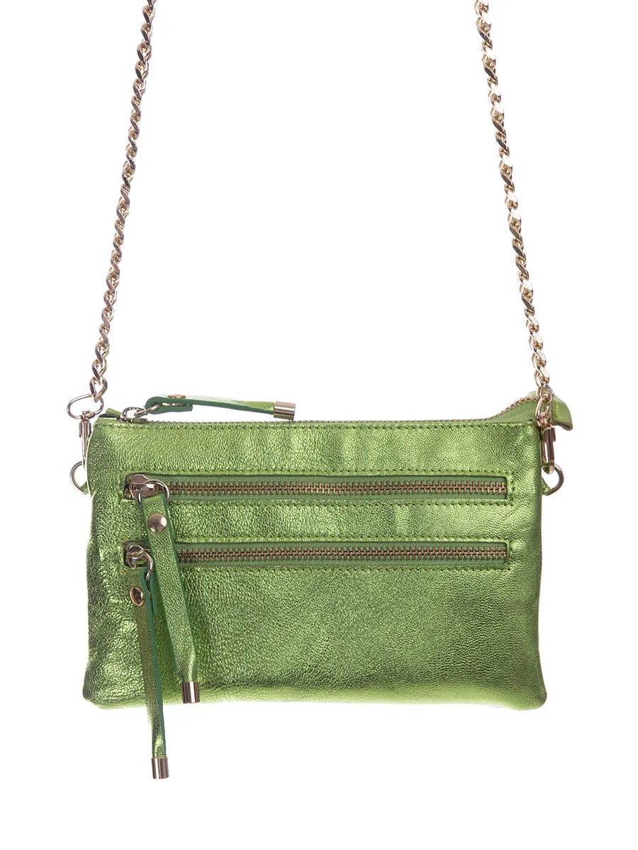 Green Metallic Leather Bag with Detachable Tassels