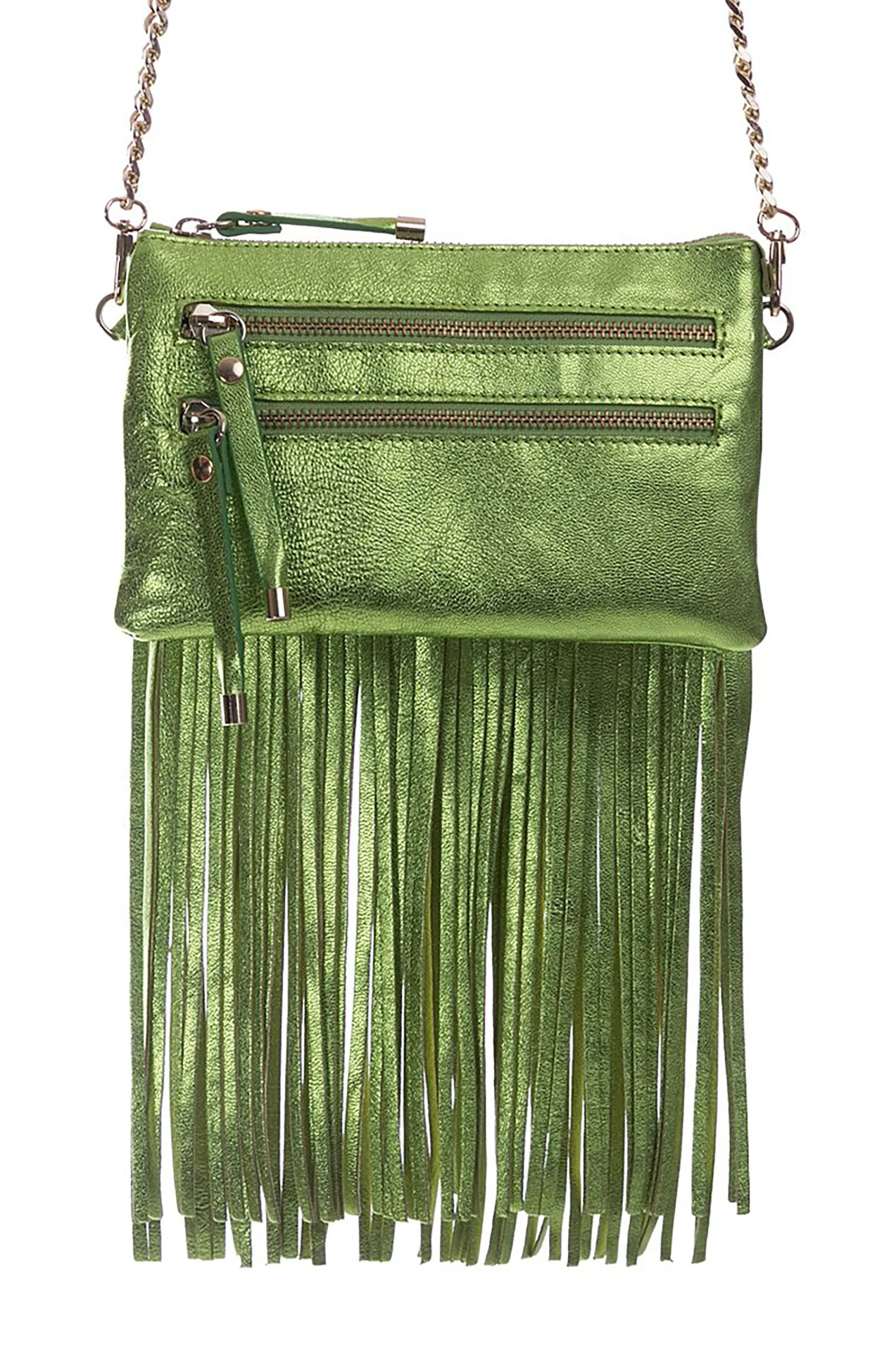Green Metallic Leather Bag with Detachable Tassels