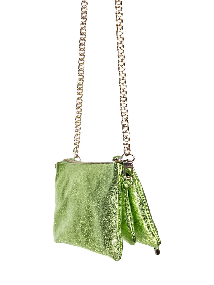 Green Metallic Leather Bag with Detachable Tassels