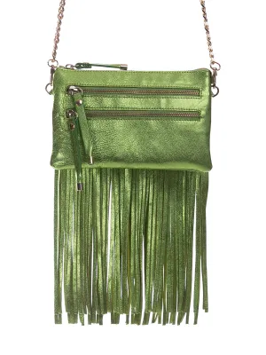 Green Metallic Leather Bag with Detachable Tassels