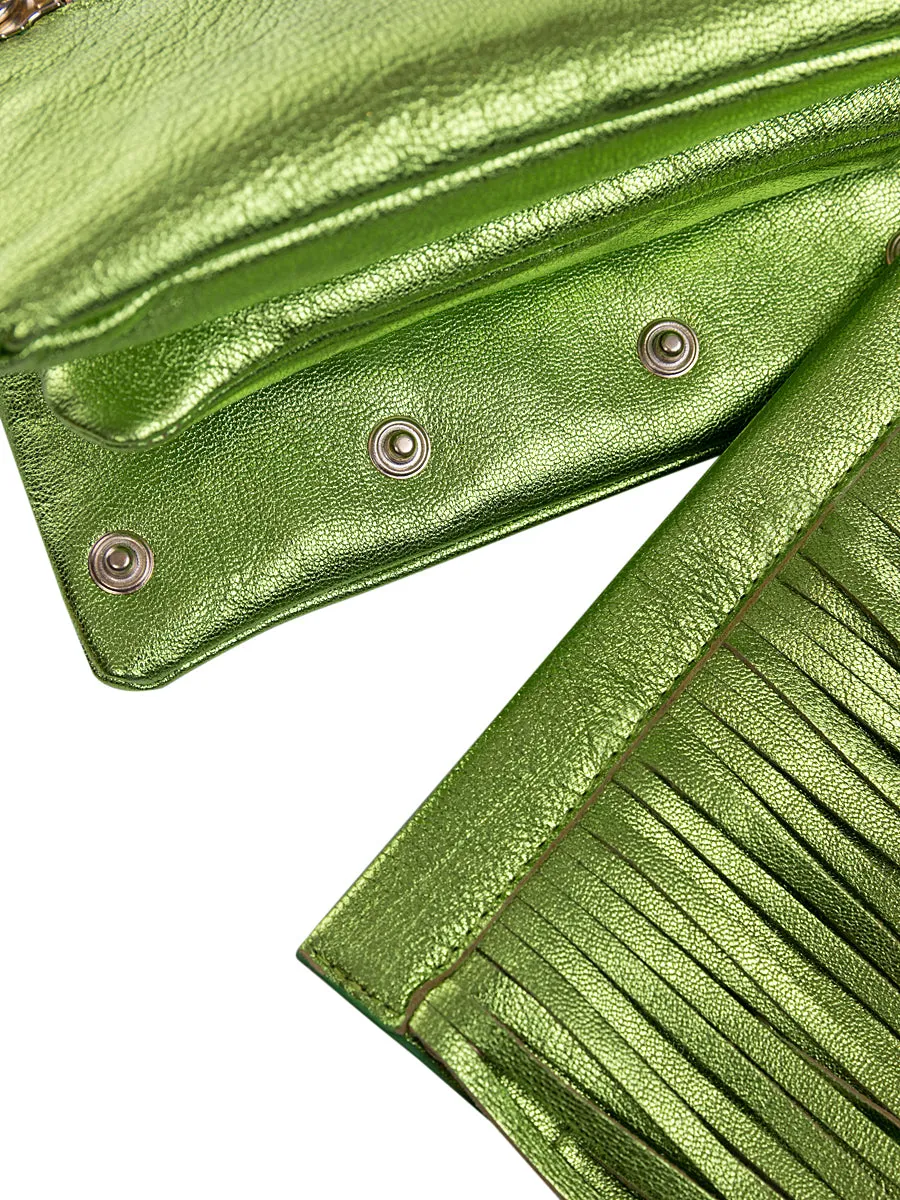 Green Metallic Leather Bag with Detachable Tassels
