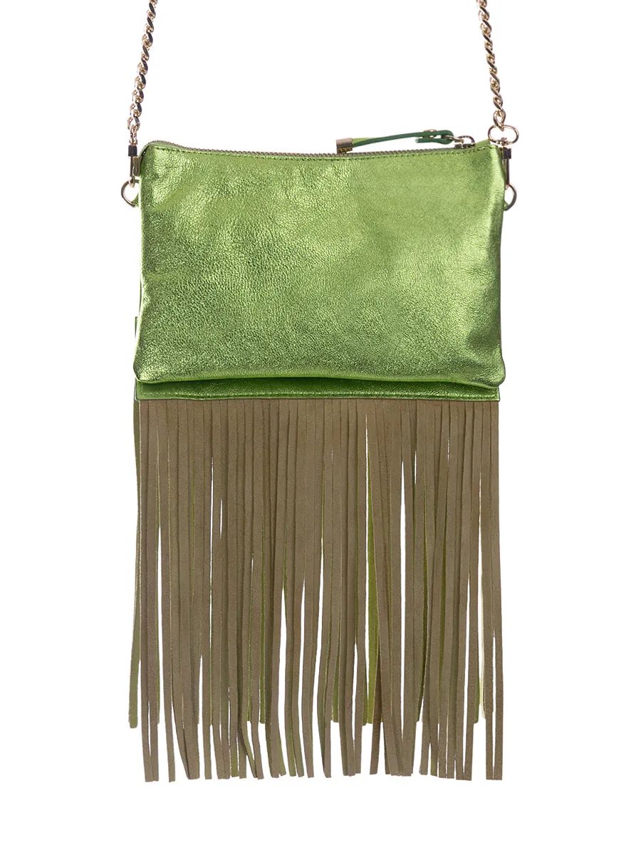 Green Metallic Leather Bag with Detachable Tassels
