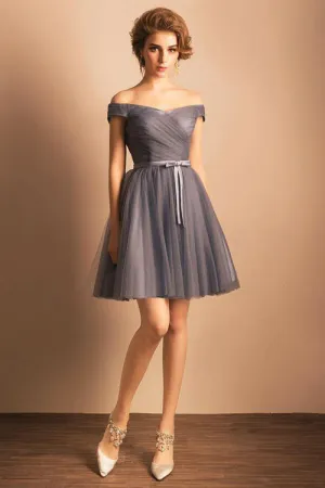 Grey A-line Simple Short Off the shoulder Pleated Homecoming Dress OKA59