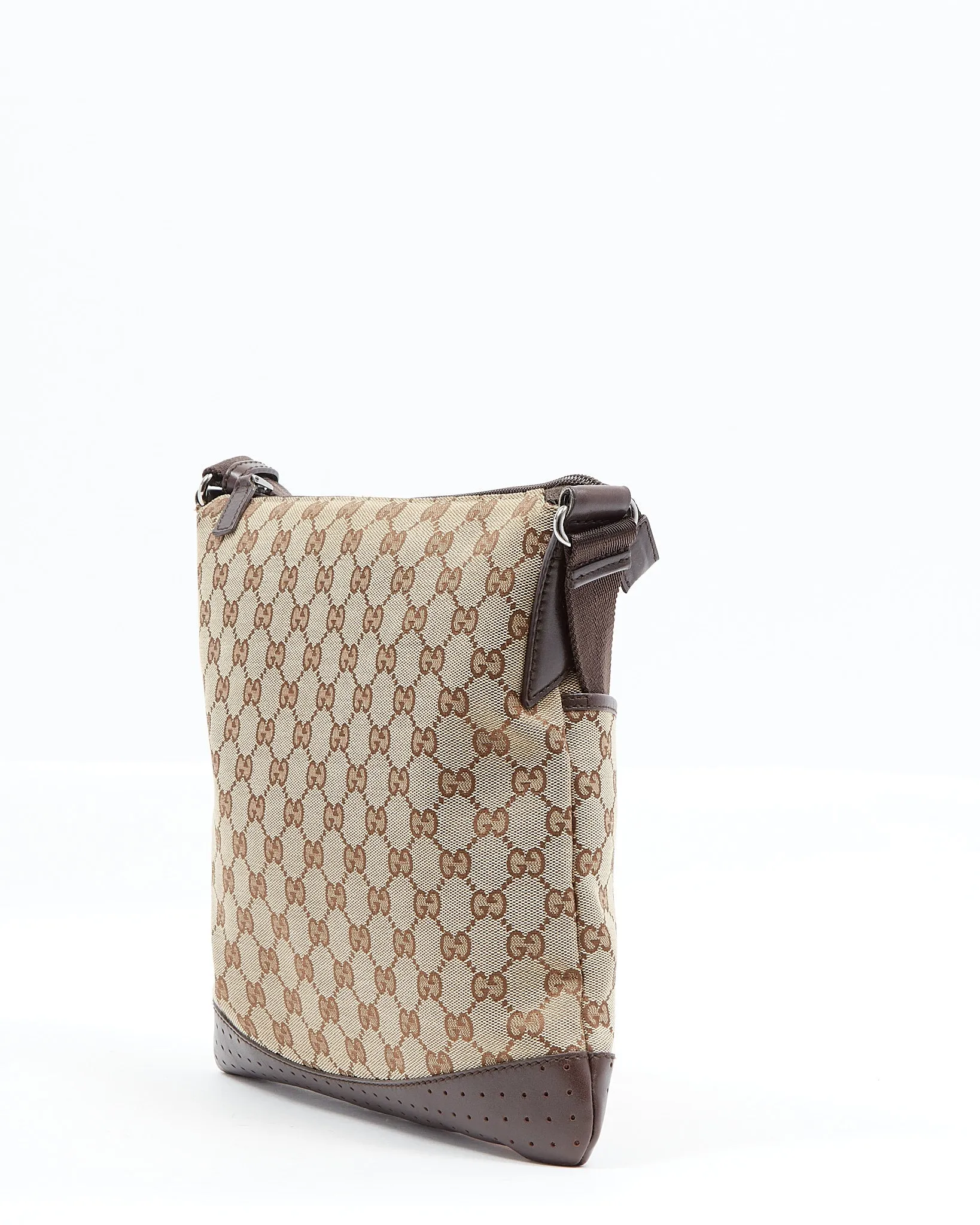 Gucci Brown GG Canvas Perforated Leather Flat Crossbody Bag