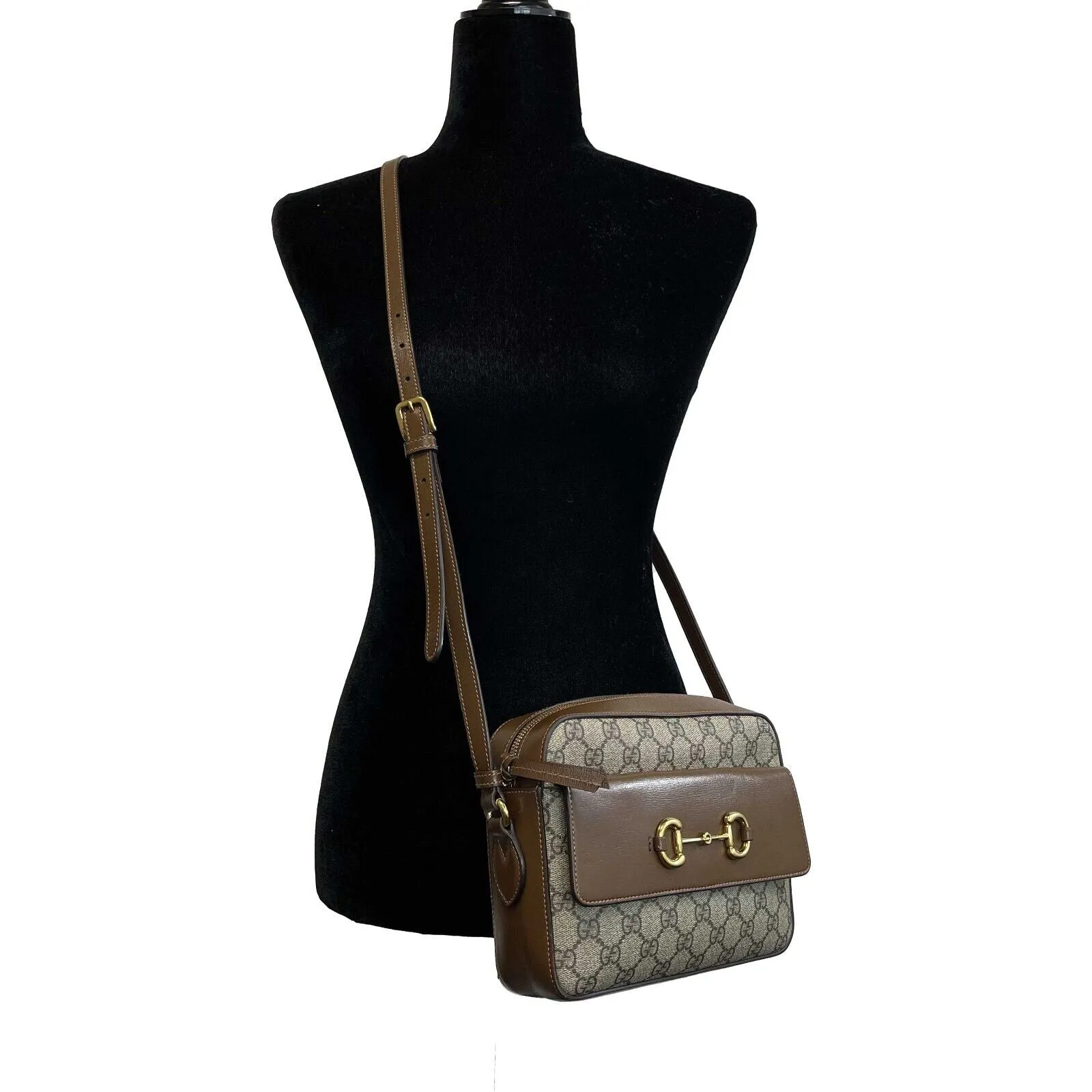 Gucci GG Supreme Horsebit 1955 Crossbody Shoulder Bag Brown Beige