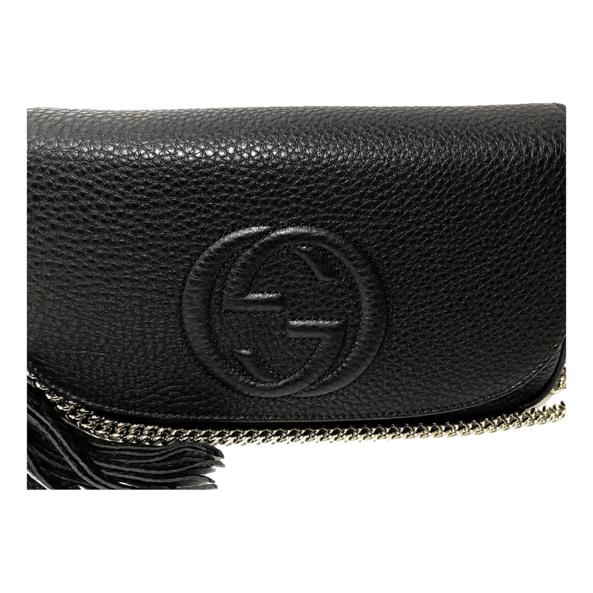 Gucci Soho Leather Flap Shoulder Bag Black Gold Tassel New Authentic