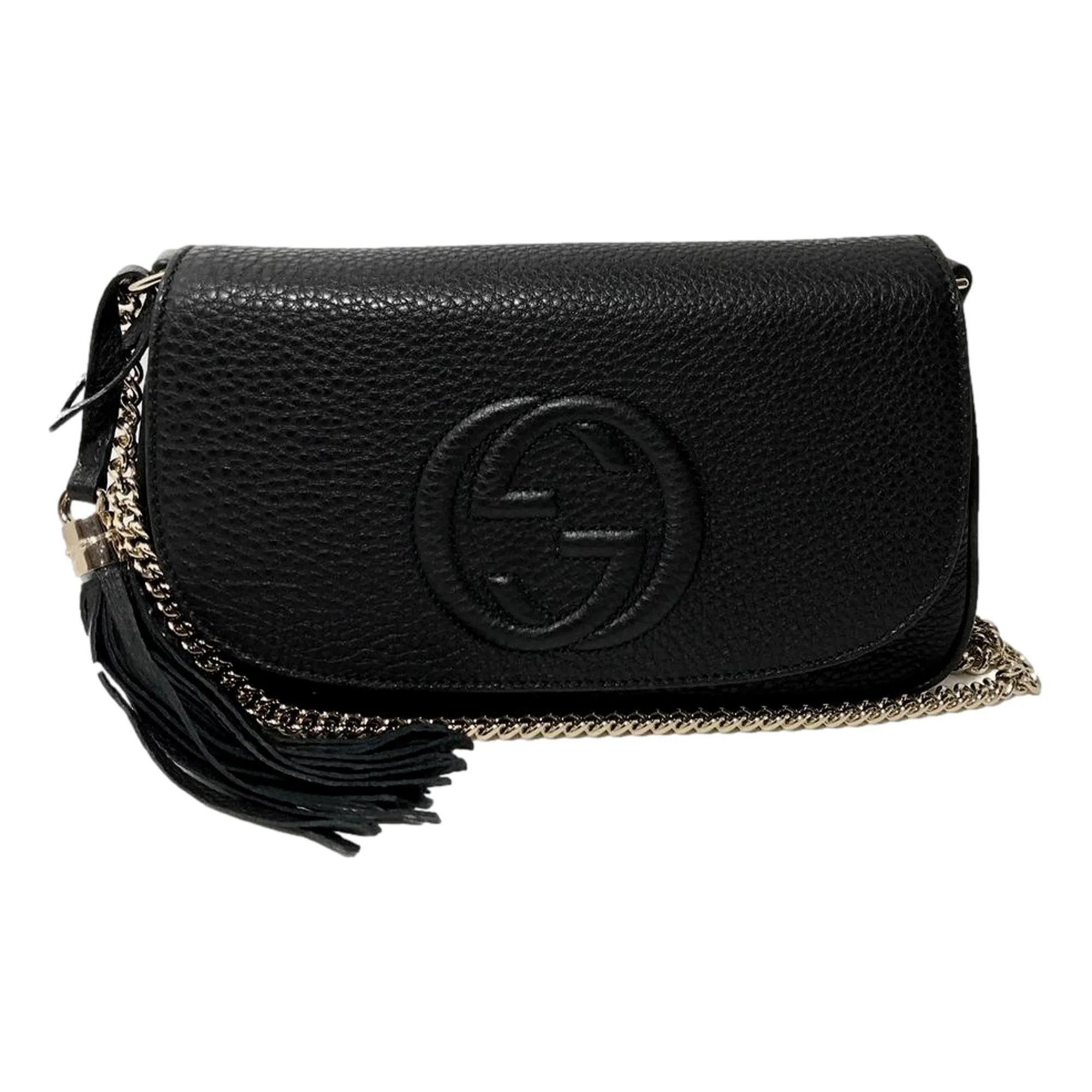 Gucci Soho Leather Flap Shoulder Bag Black Gold Tassel New Authentic