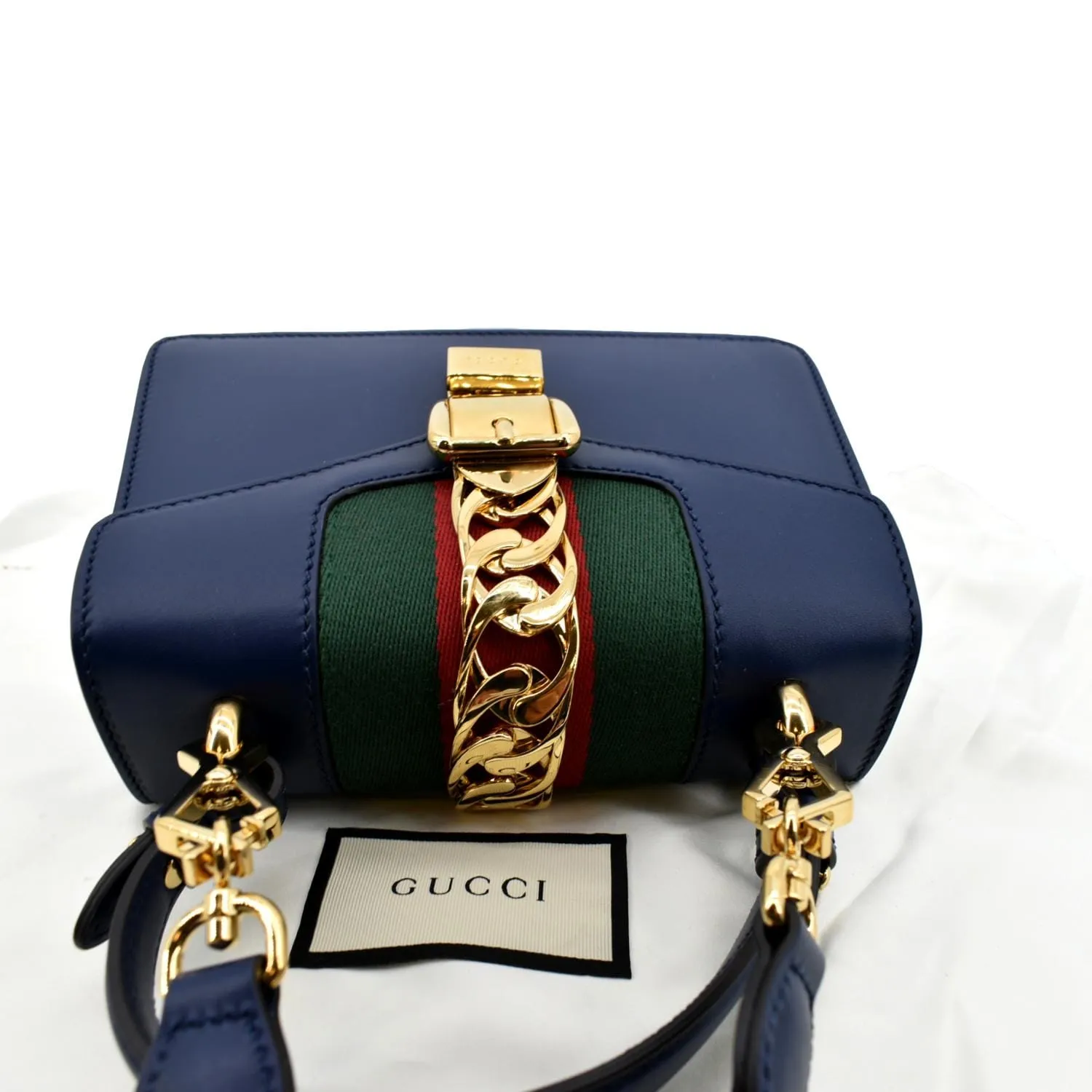 GUCCI Sylvie Mini Leather Top Handle Crossbody Bag Blue 470270
