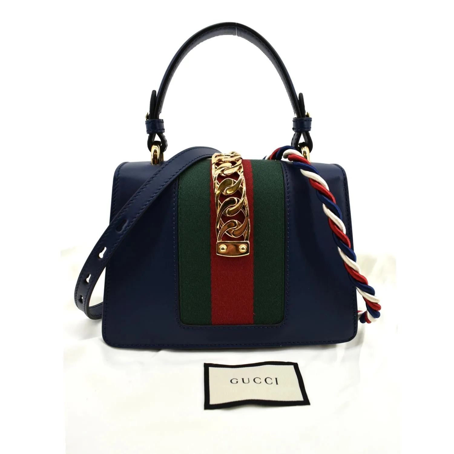 GUCCI Sylvie Mini Leather Top Handle Crossbody Bag Blue 470270